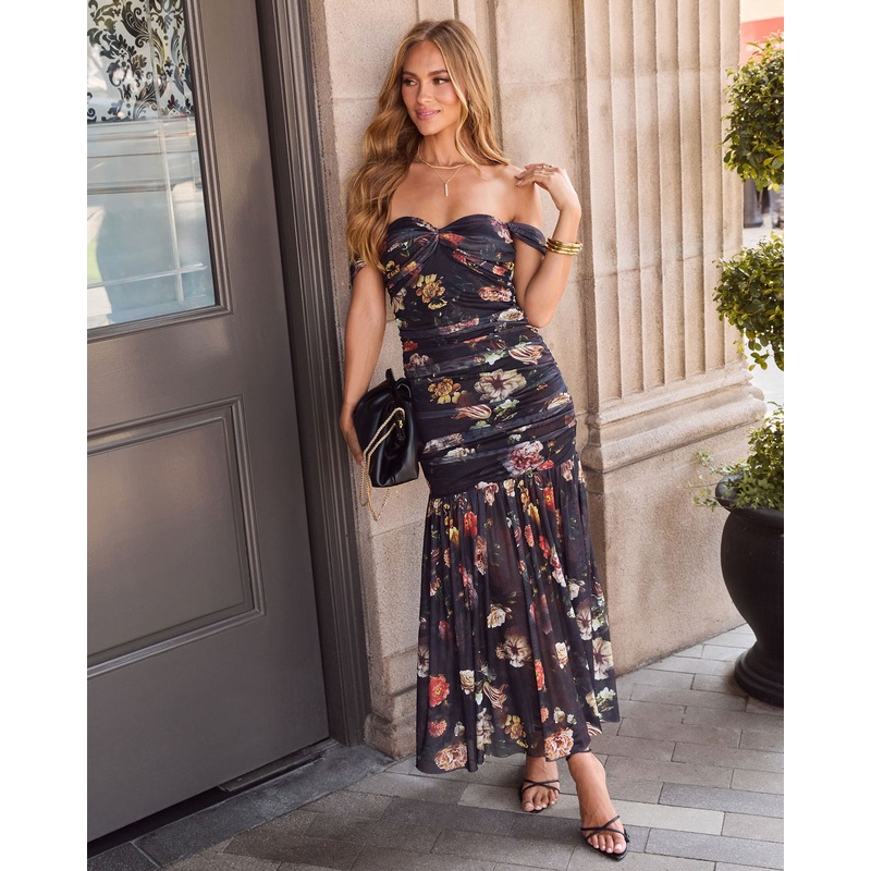 Kazina Mesh Off The Shoulder Maxi Dress Black Floral XS