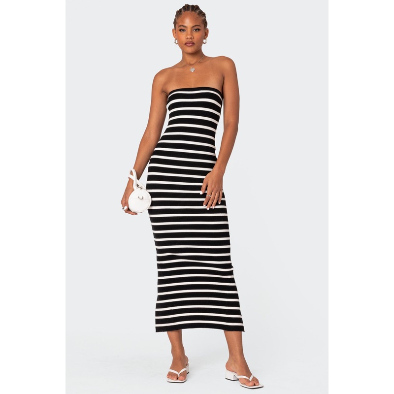 Knit Back Slitted Maxi Dress BLACK AND WHITE XS