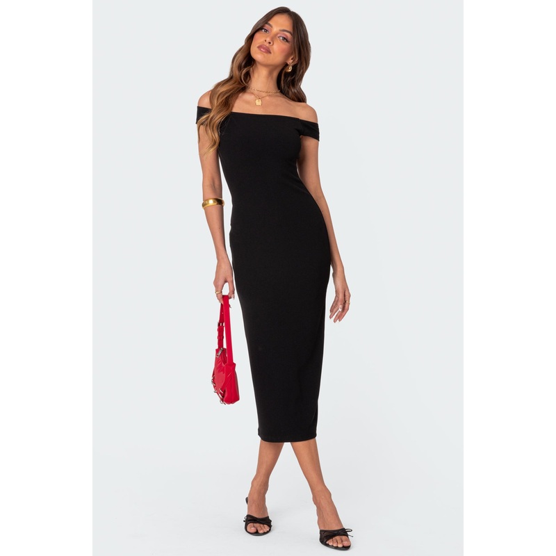 Kyla Off Shoulder Ribbed Midi Dress BLACK XS