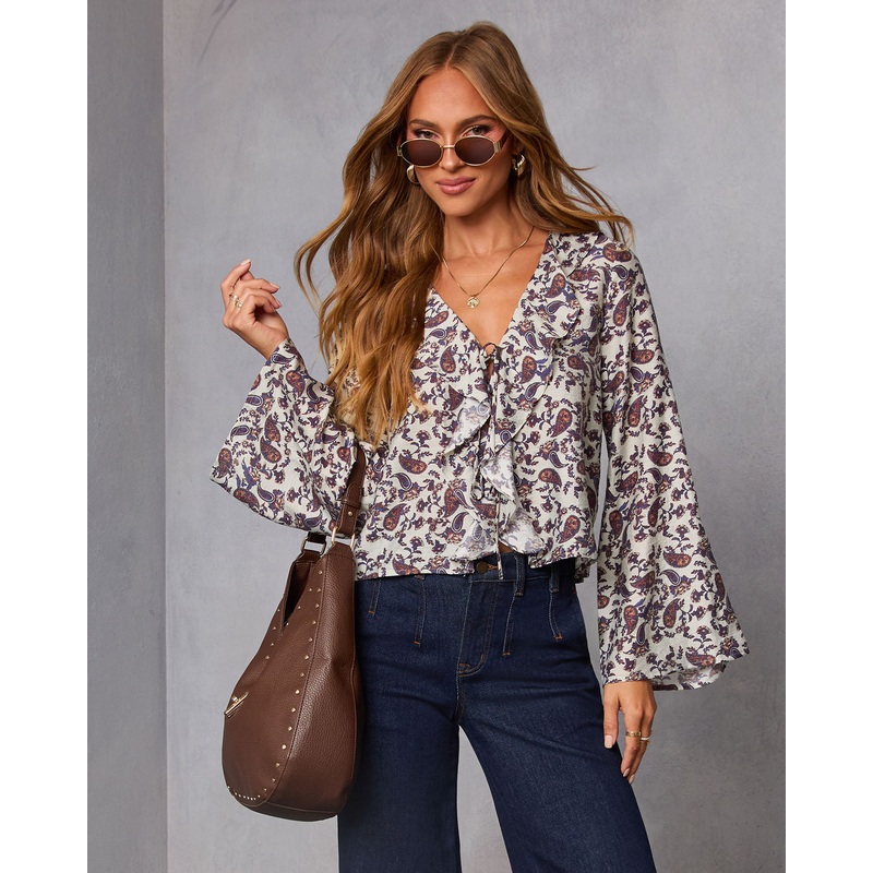 Marene Paisley Ruffle Top Ivory Paisley XS