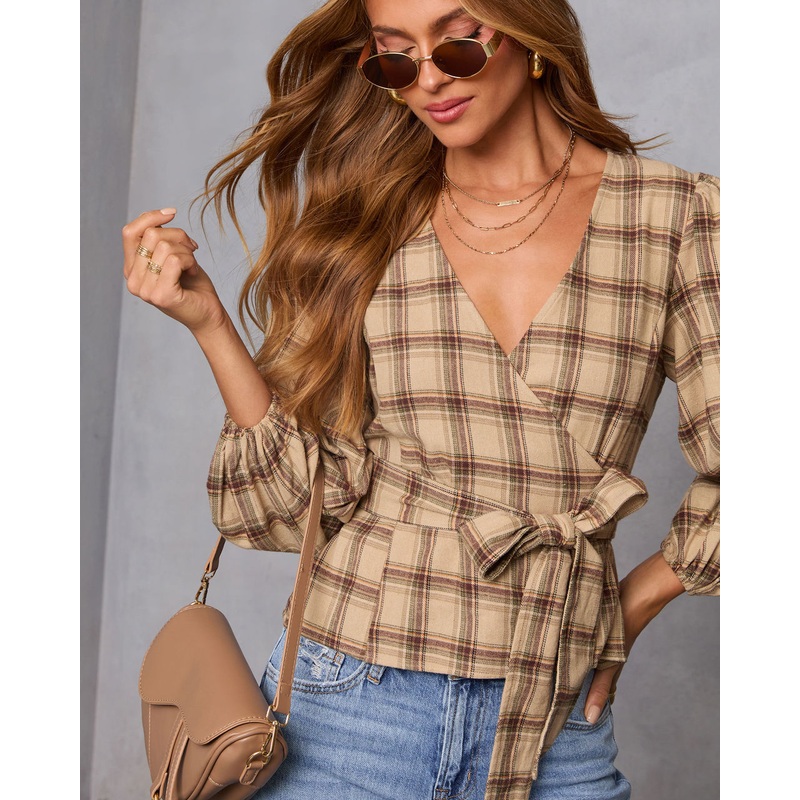 Nalena Plaid Wrap Blouse Taupe Plaid S