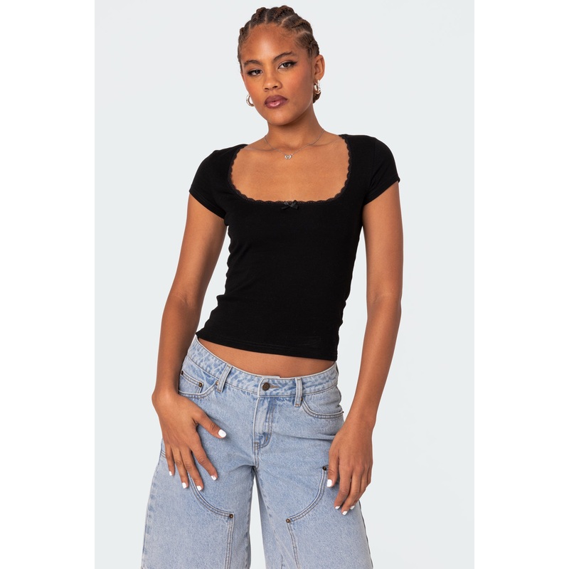 Priscilla Lace Trim T Shirt BLACK XS