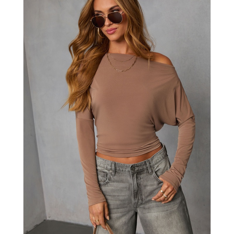 A Wow Moment Asymmetrical Long Sleeve Top Mocha XS