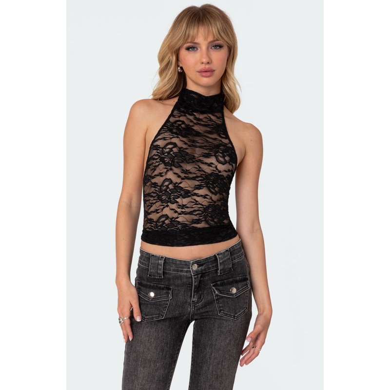 Alena High Neck Sheer Lace Top BLACK XS