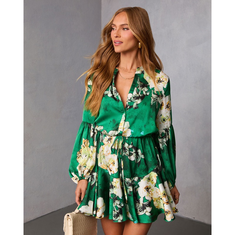 Antique Rose Drawstring Mini Dress Emerald Floral S