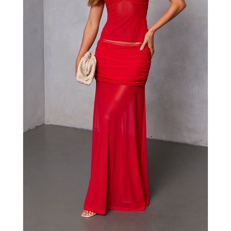Bittersweet Crush Mesh Maxi Skirt Red XS