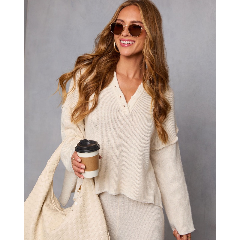 Chanie Knit Partial Button Top Ivory S