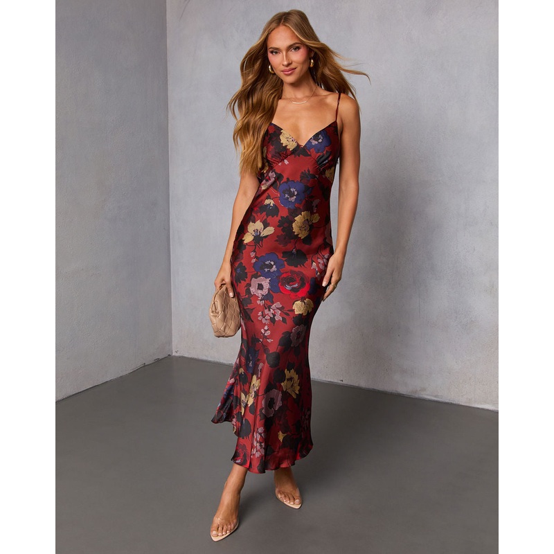 Golden Garden Slip Midi Dress Wine Floral S