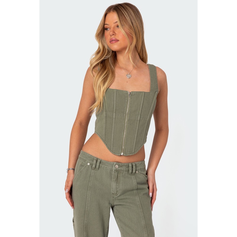 Lottie Washed Denim Zip Corset OLIVE XS