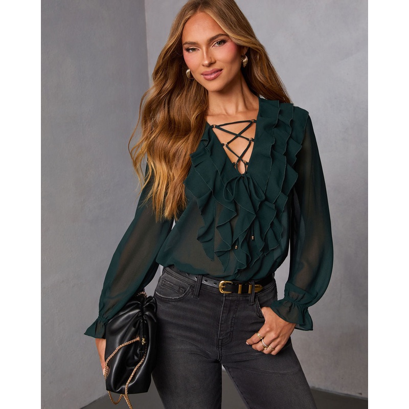 Prunella Ruffle Lace Up Top Emerald S
