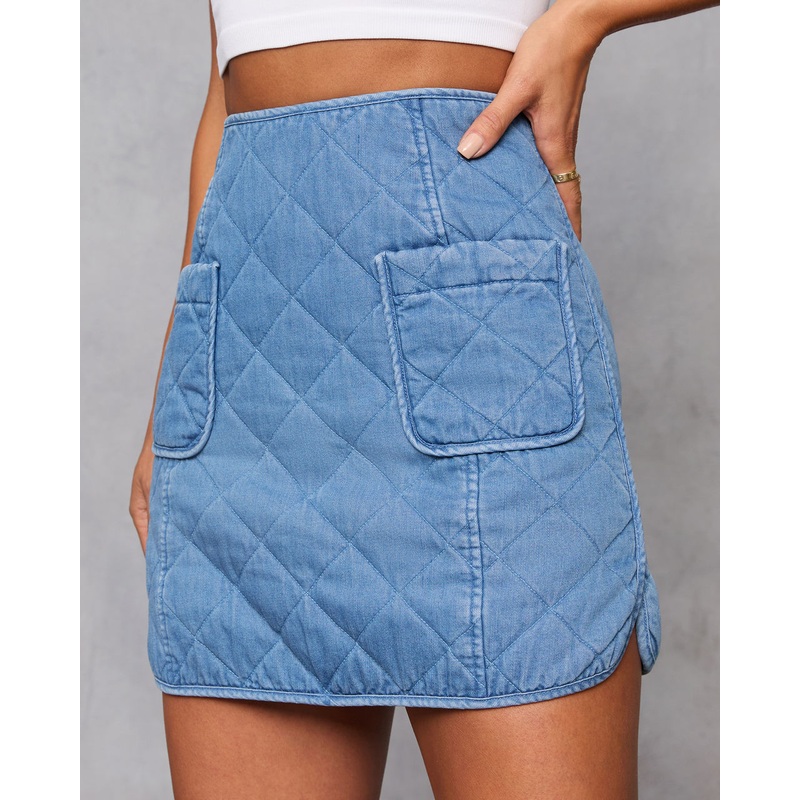 Roisin Quilted Denim Mini Skirt Medium Wash XS