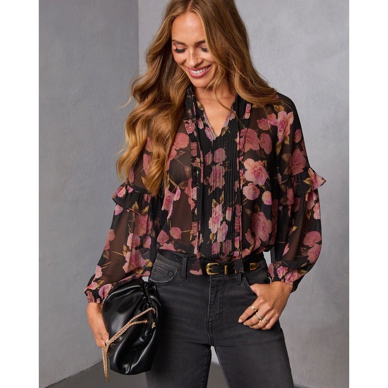 Siana Ruffle Chiffon Top Black Floral S