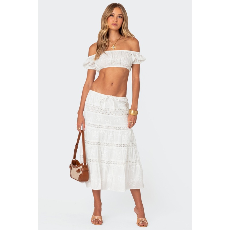 Tiered Cotton Lace Midi Skirt WHITE XS