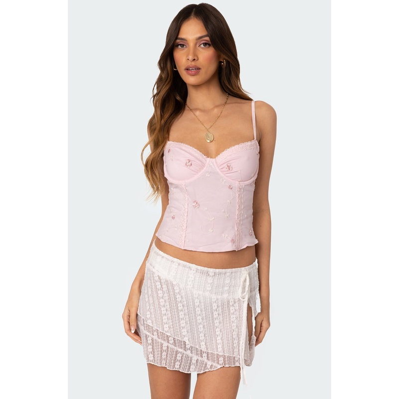Victoria Embroidered Mesh Bra Top PINK XS