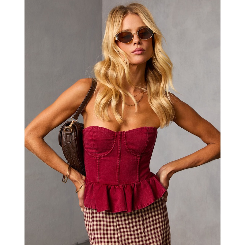 Agnis Denim Peplum Top Burgundy XS