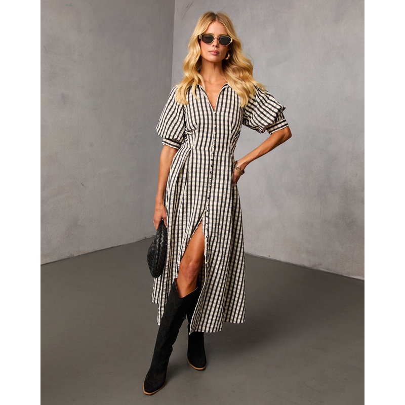 Arleen Gingham Midi Shirt Dress Black Check XS