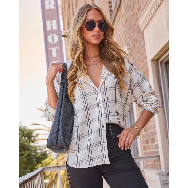 Brassroot Plaid Button Down Top Cream Plaid XS