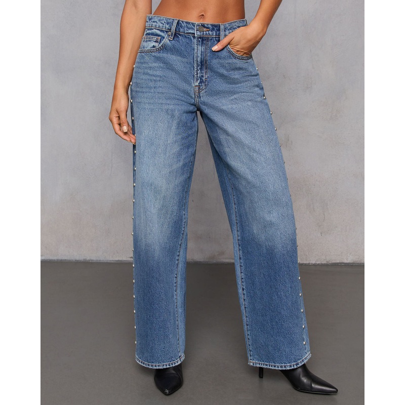 Burnt Sugar Rigid High Rise Stud Embellished Barrel Jeans Medium Wash 24