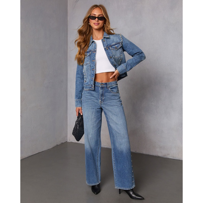 Burnt Sugar Stud Embellished Denim Jacket Medium Wash XS