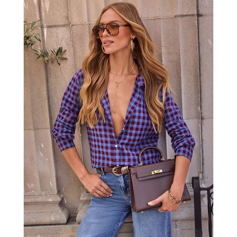 Kylin Plaid Button Down Top Blue Multi XS