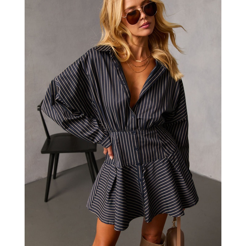 Margen Pinstripe Fit And Flare Mini Shirt Dress Navy Stripe XS