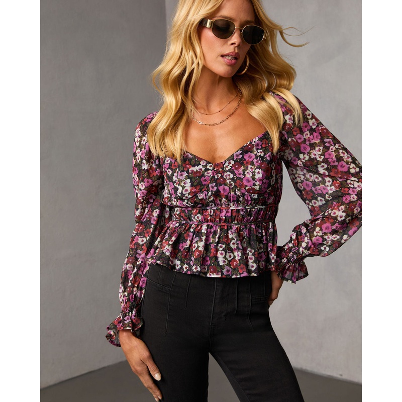 Mayia Peplum Top Purple Floral XS