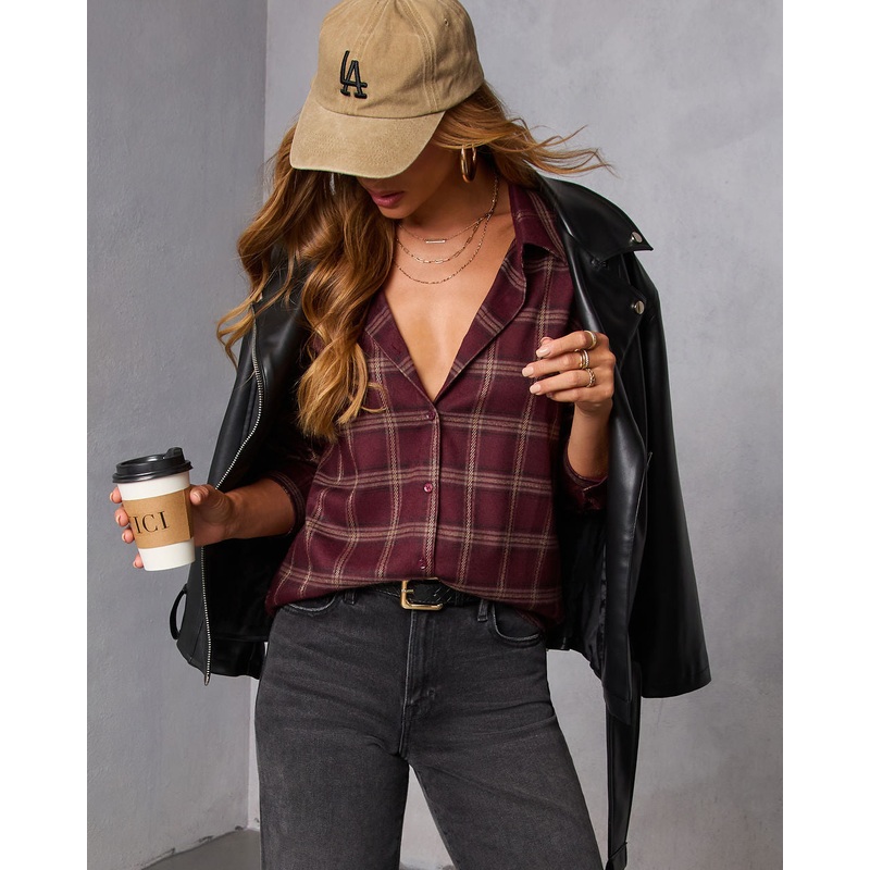 Muted Ember Plaid Button Down Top Wine XS