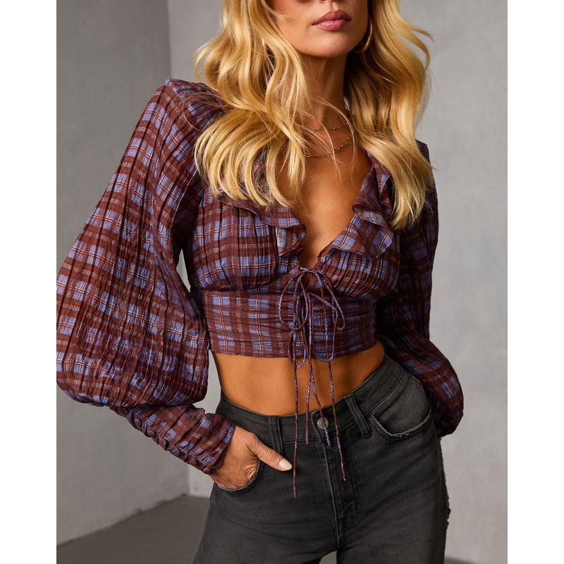Sundown Boheme Plaid Lace Up Top Brown Plaid XS
