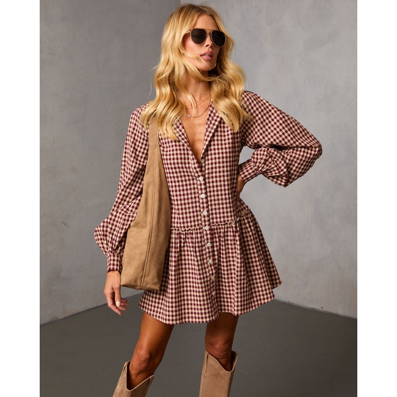 Tawnya Gingham Mini Dress Burgundy XS