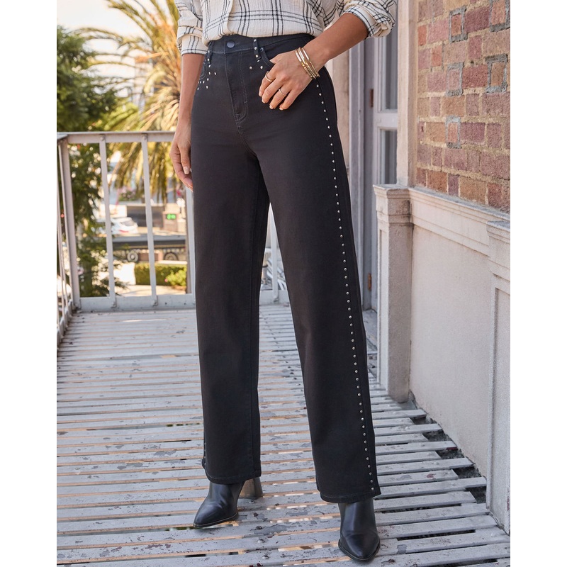 VICI Icon Studded Super Stretch High Rise Straight Leg Jeans Black 24