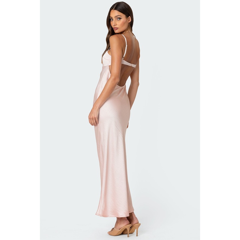 Vienna Open Back Satin Effect Maxi Dress LIGHT PINK XS