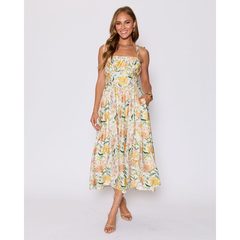 Emory Floral Tie Shoulder Maxi Dress Ivory Floral XS