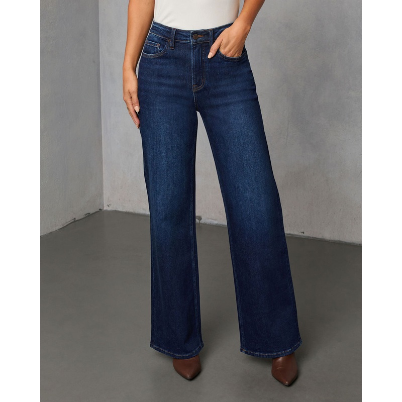 Lowland Stretch High Rise Relaxed Wide Leg Jeans Dark Wash 24