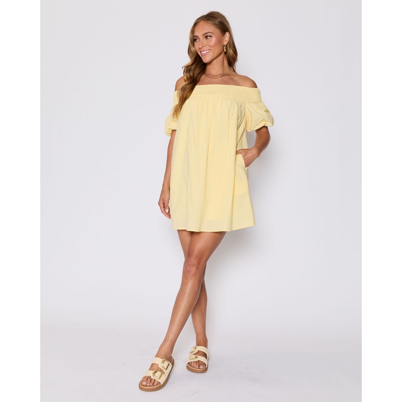 Lydia Cotton Smocked Off The Shoulder Mini Dress Black XS