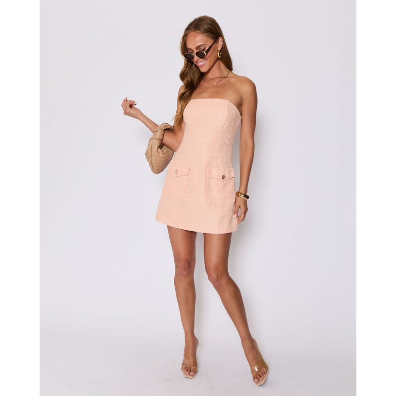 Morgan Tweed Strapless Mini Dress Peach XS
