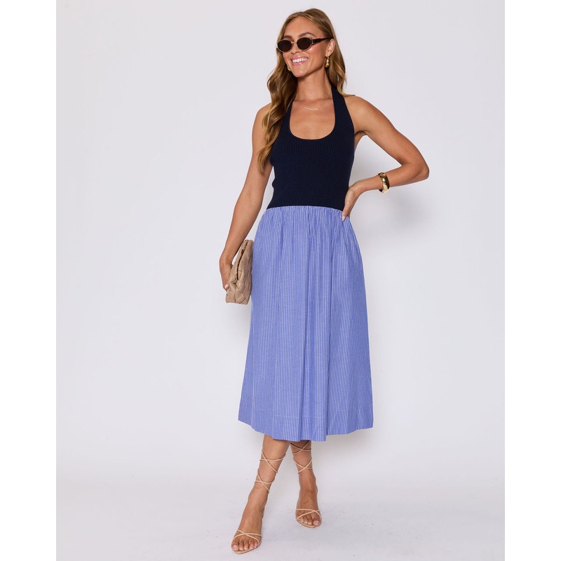 Piper Contrast Knit Halter Maxi Dress Navy XS