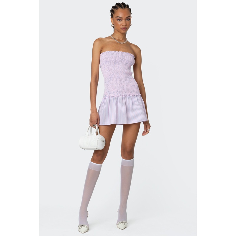 Striped Scrunch Strapless Mini Dress PINK XS