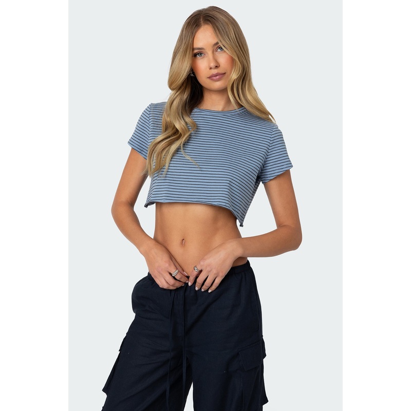 Stripey Cropped T Shirt BLUE XS