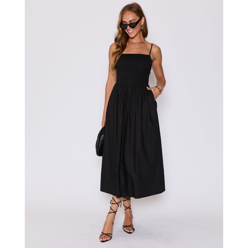 Summer Essential Cotton Smocked Maxi Dress Black XS