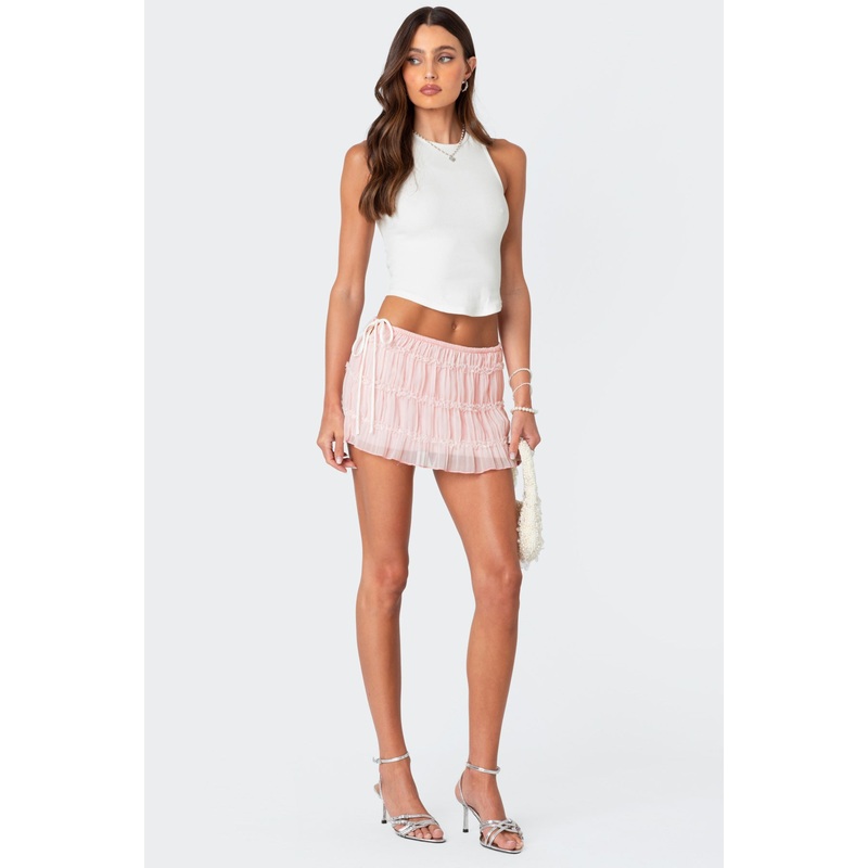 Abrielle Tiered Chiffon Mini Skirt LIGHT PINK XS