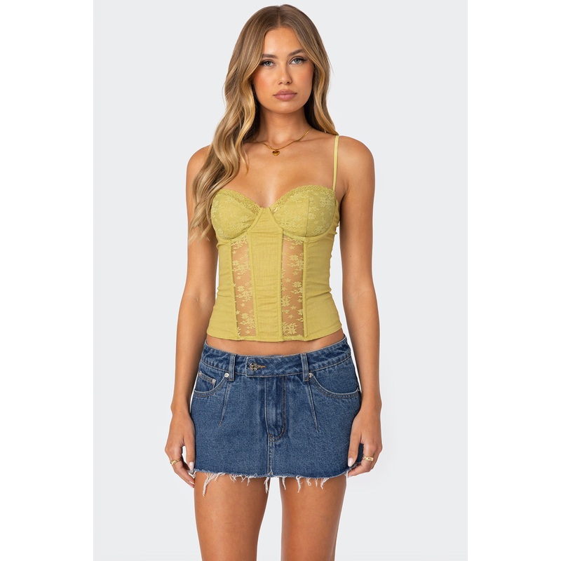 Avena Linen Look Lacey Corset GREEN XS