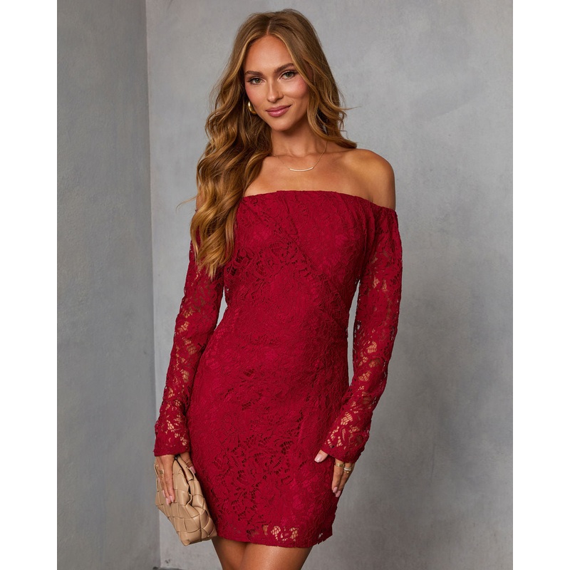 Emberlee Off The Shoulder Lace Mini Dress Wine XS