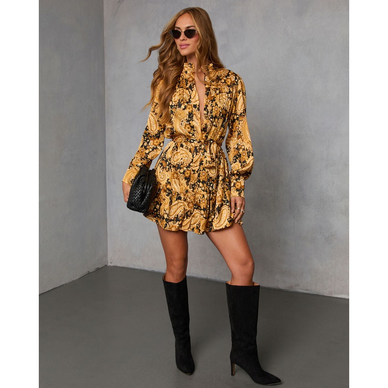 Golden Orchard Wrap Tie Mini Dress Gold Multi XS