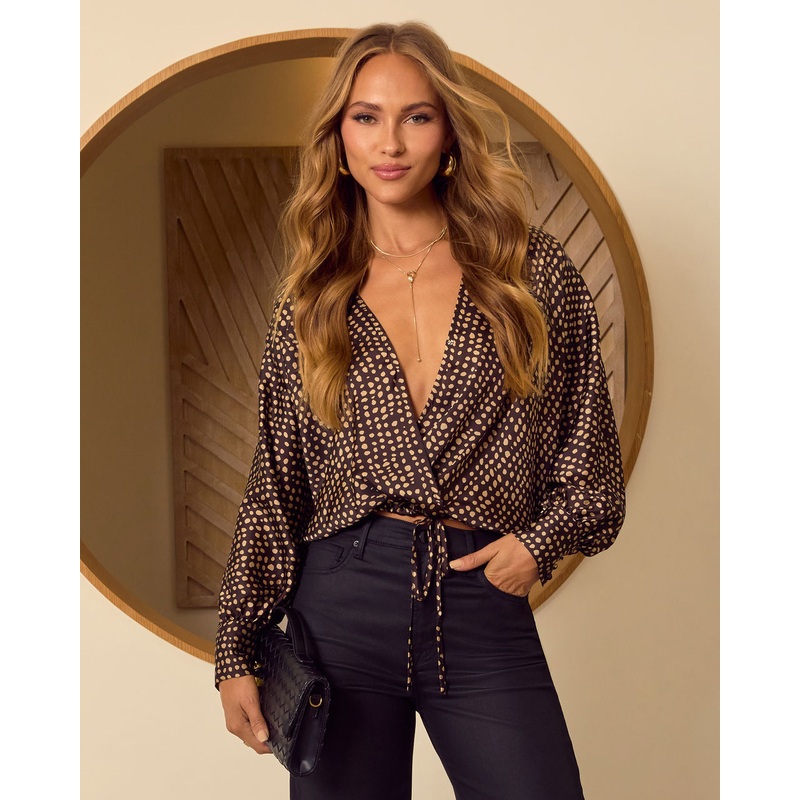 Olivra Satin Polka Dot Top Brown/Taupe XS