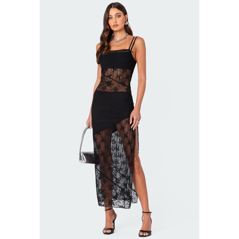 Sheer Mesh & Lace Patchwork Maxi Dress BLACK XS
