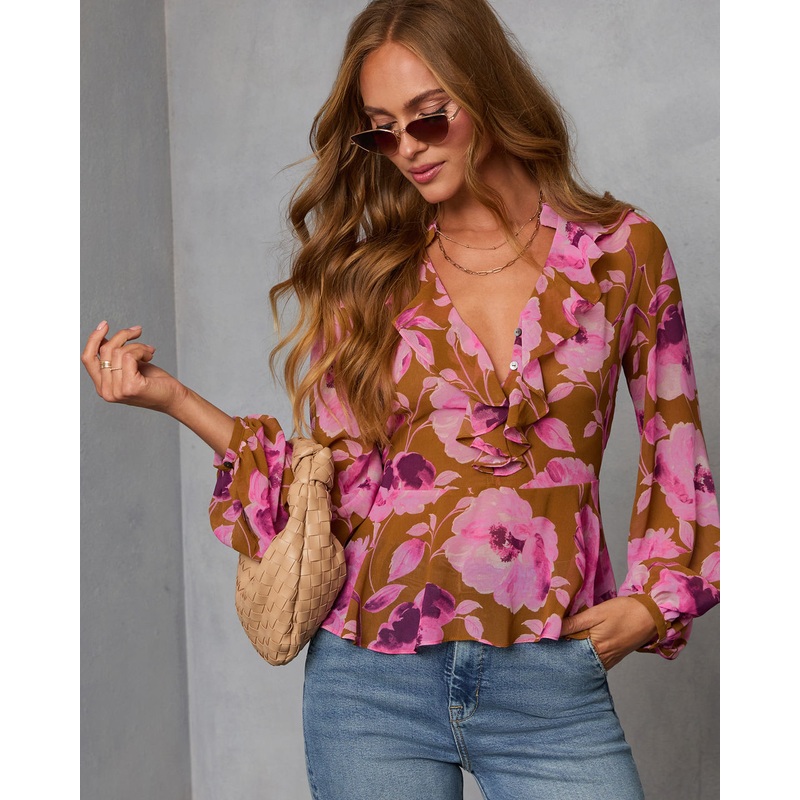 Wild Fig Ruffle Chiffon Top Camel Floral XS