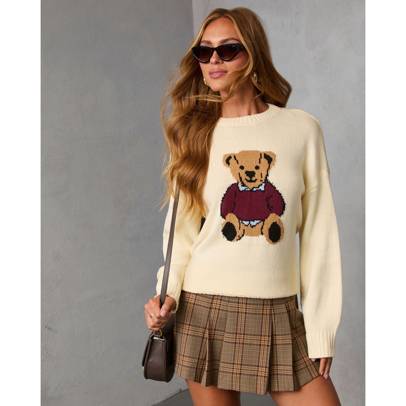 Autumn Ivy Teddy Bear Graphic Sweater Cream S