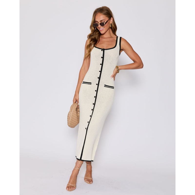 Contour Button Down Knit Midi Dress Cream/Black XS
