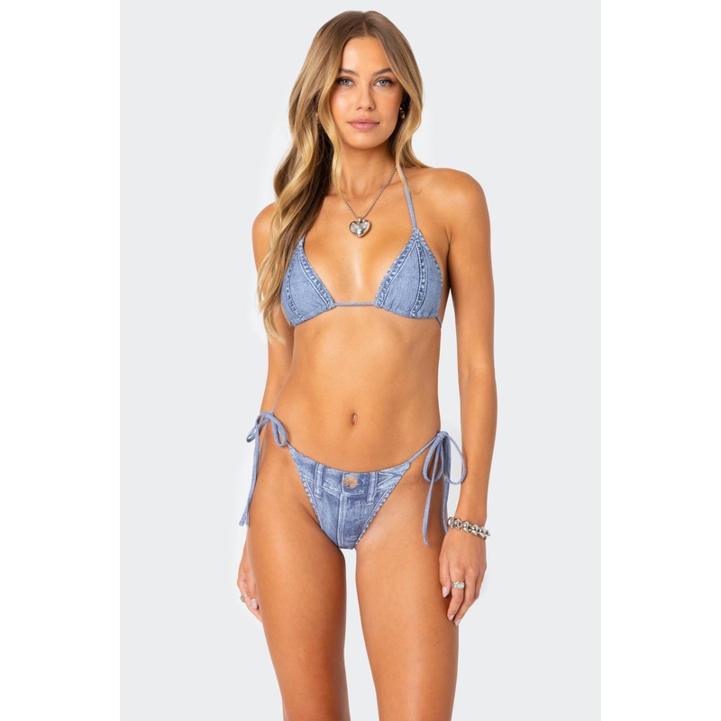 Denim Printed Triangle Bikini Top BLUE XS