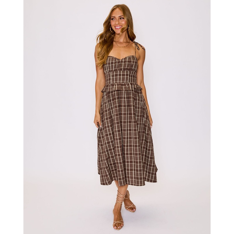 Emma Plaid Midi Dress Brown XS